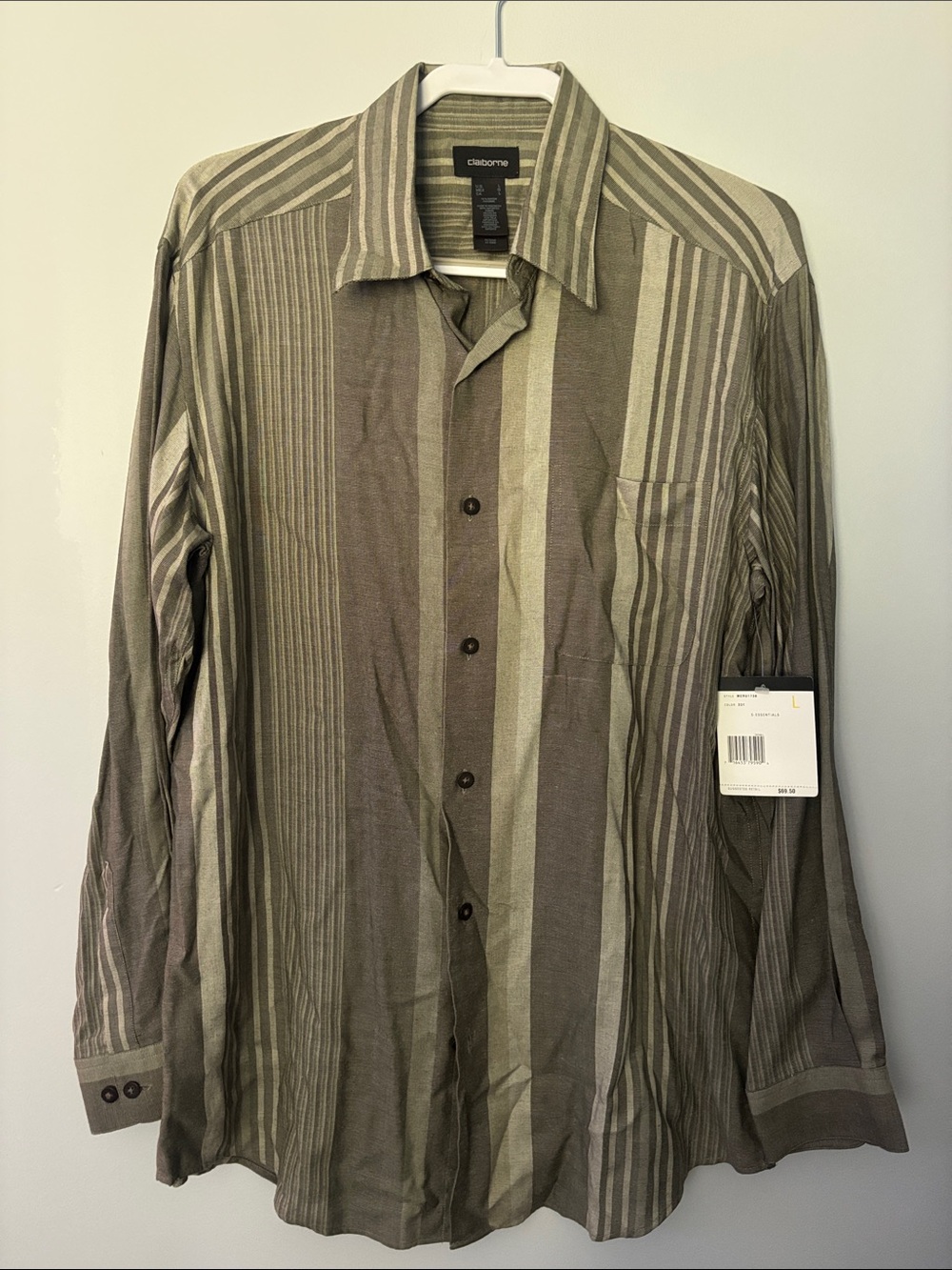 Claiborne Men's Long-Sleeve Striped Button-Down Shirt in Olive and Light Gray